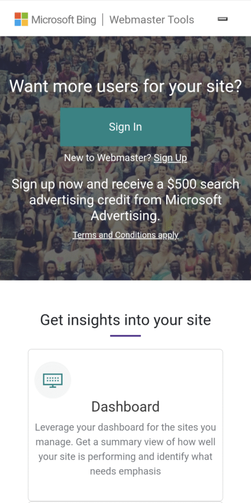 Bing Webmaster Tools Home Page